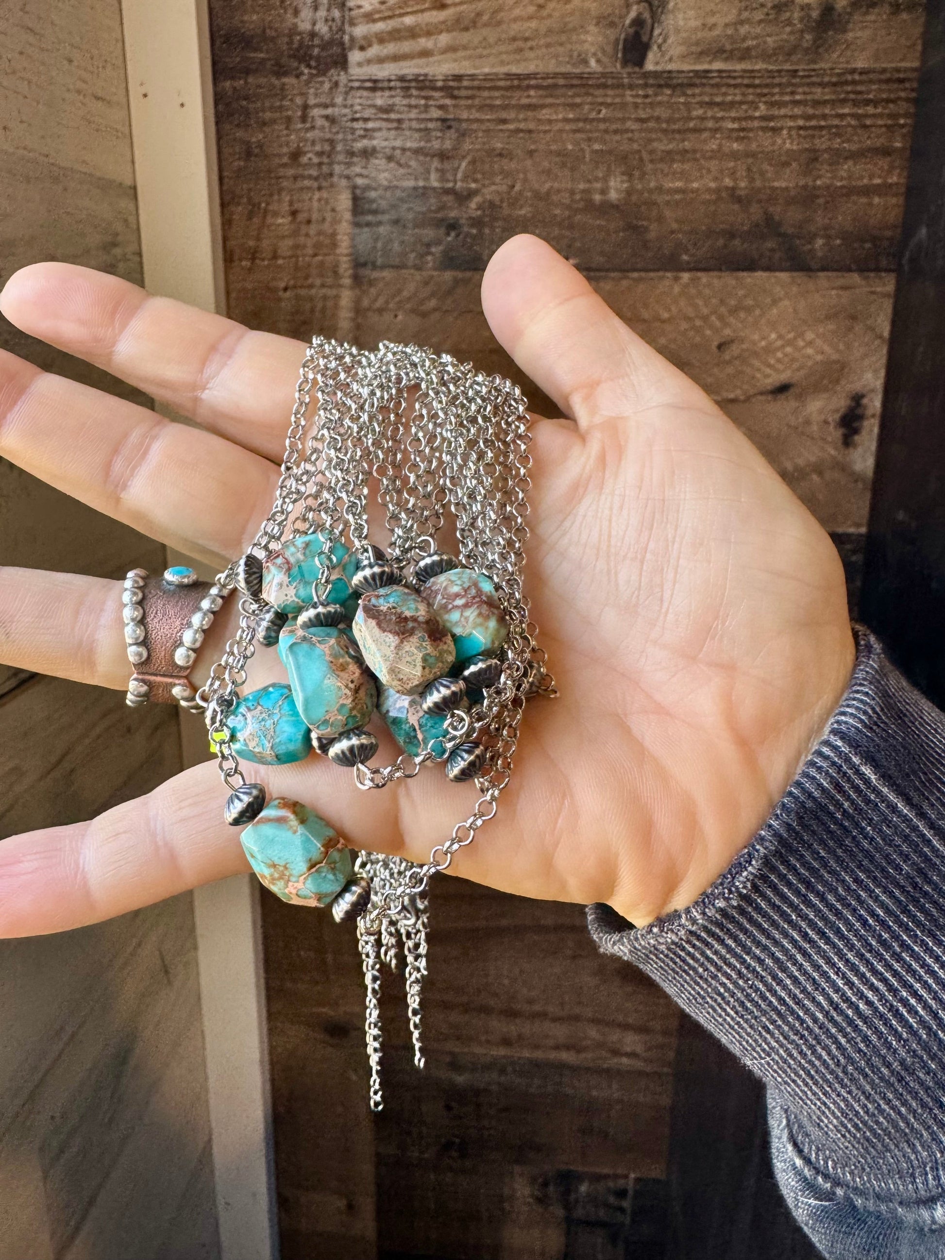 16 inch long necklace with saucer Sterling Silver Pearls and turquoise Variscite The Bijoux FAB Jewelry