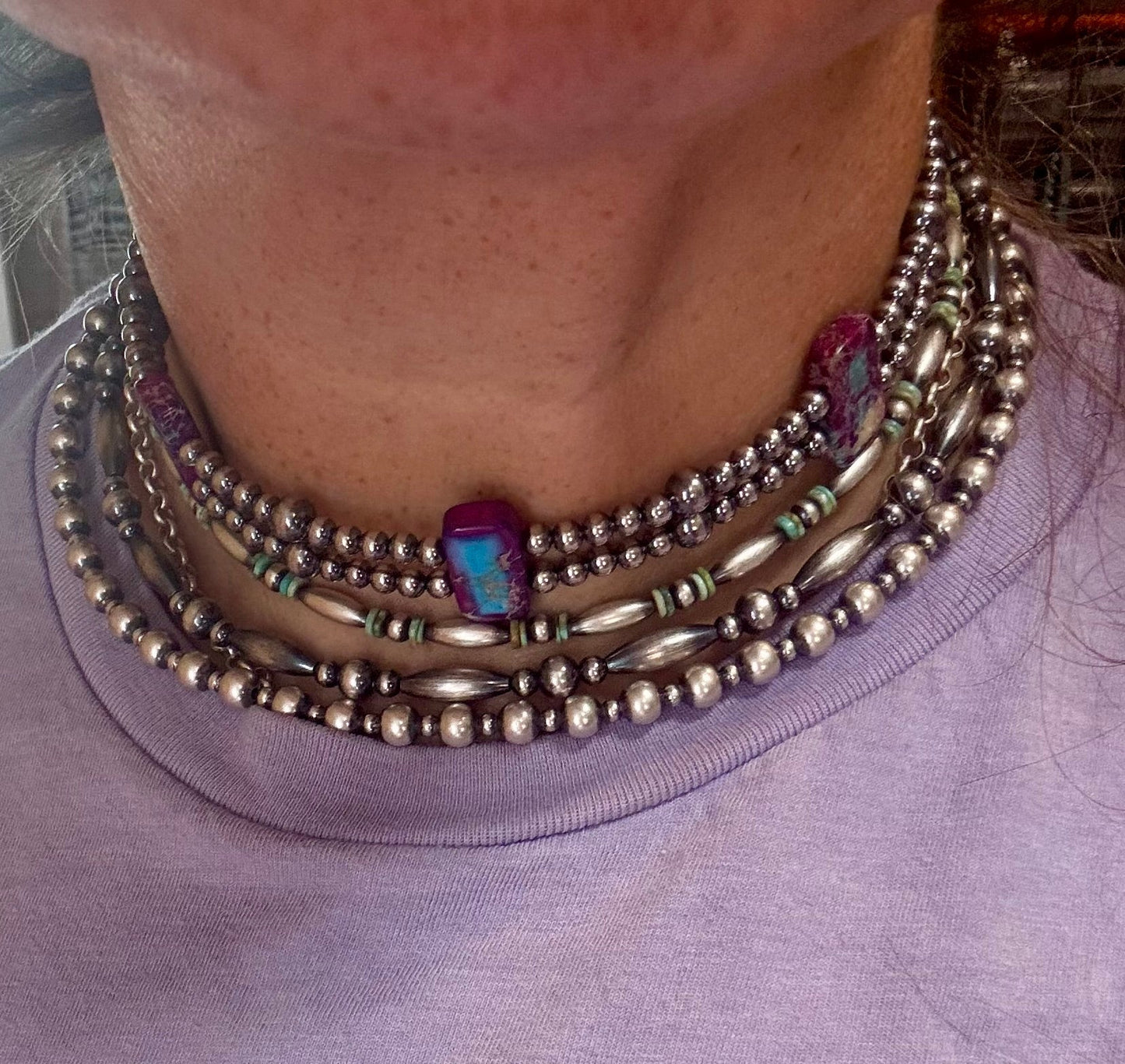 Purple Double Strand Necklace – 13” Beaded – Sterling Silver Pearls & Rectangle Variscite Turquoise The Bijoux FAB Jewelry