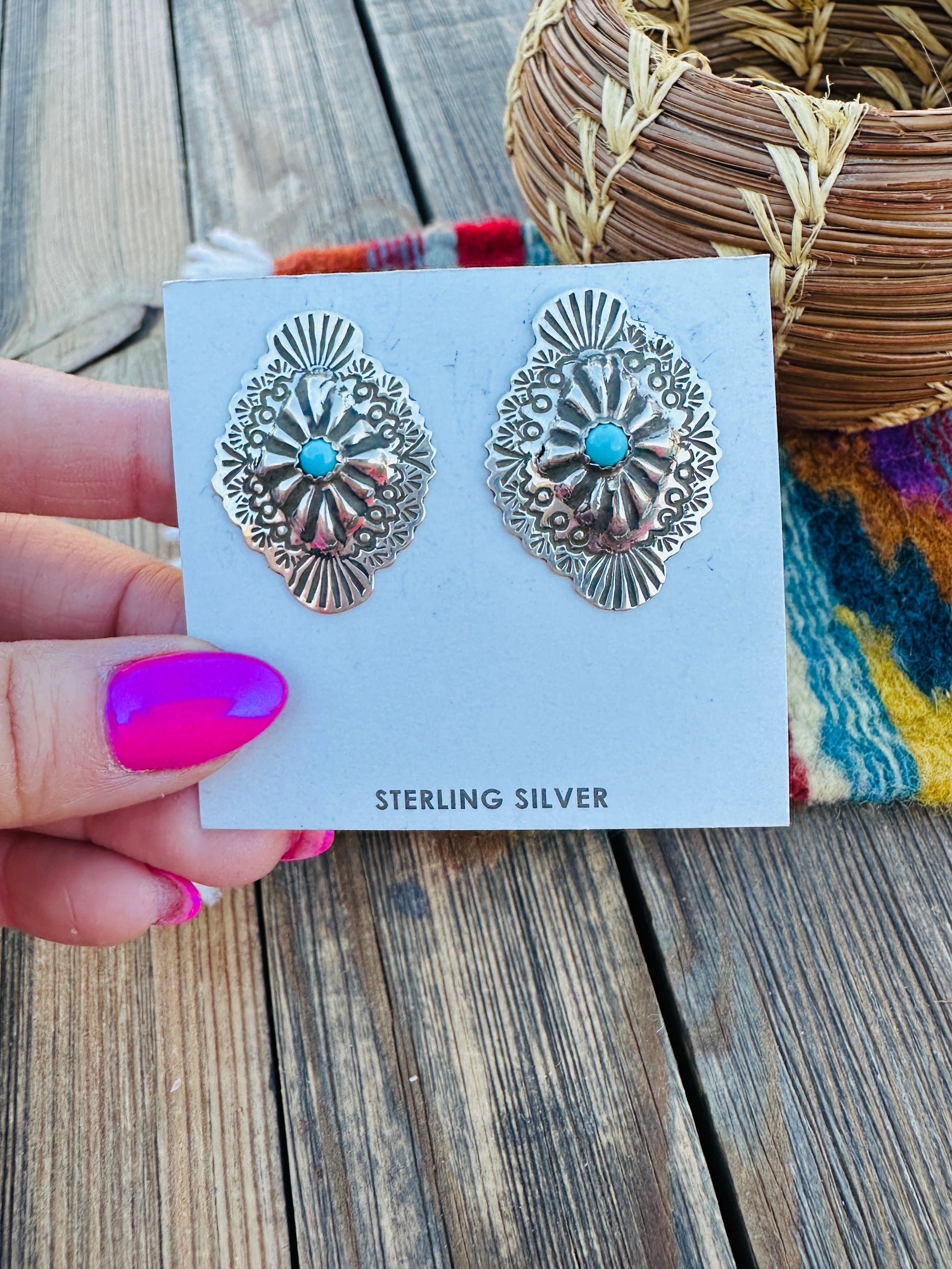 Handcrafted Turquoise & Sterling Silver Concho Post Earrings Nizhoni Traders LLC
