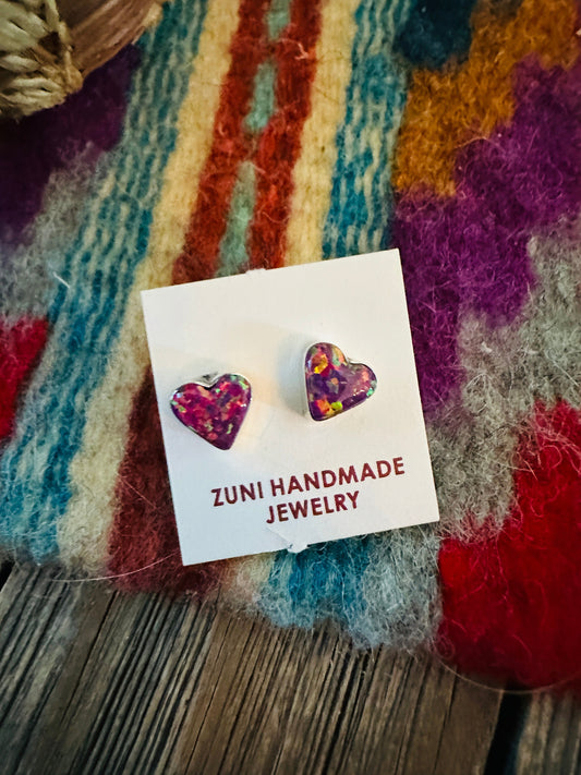Handcrafted Sterling Silver & Purple Opal Stud Heart Earrings Nizhoni Traders LLC