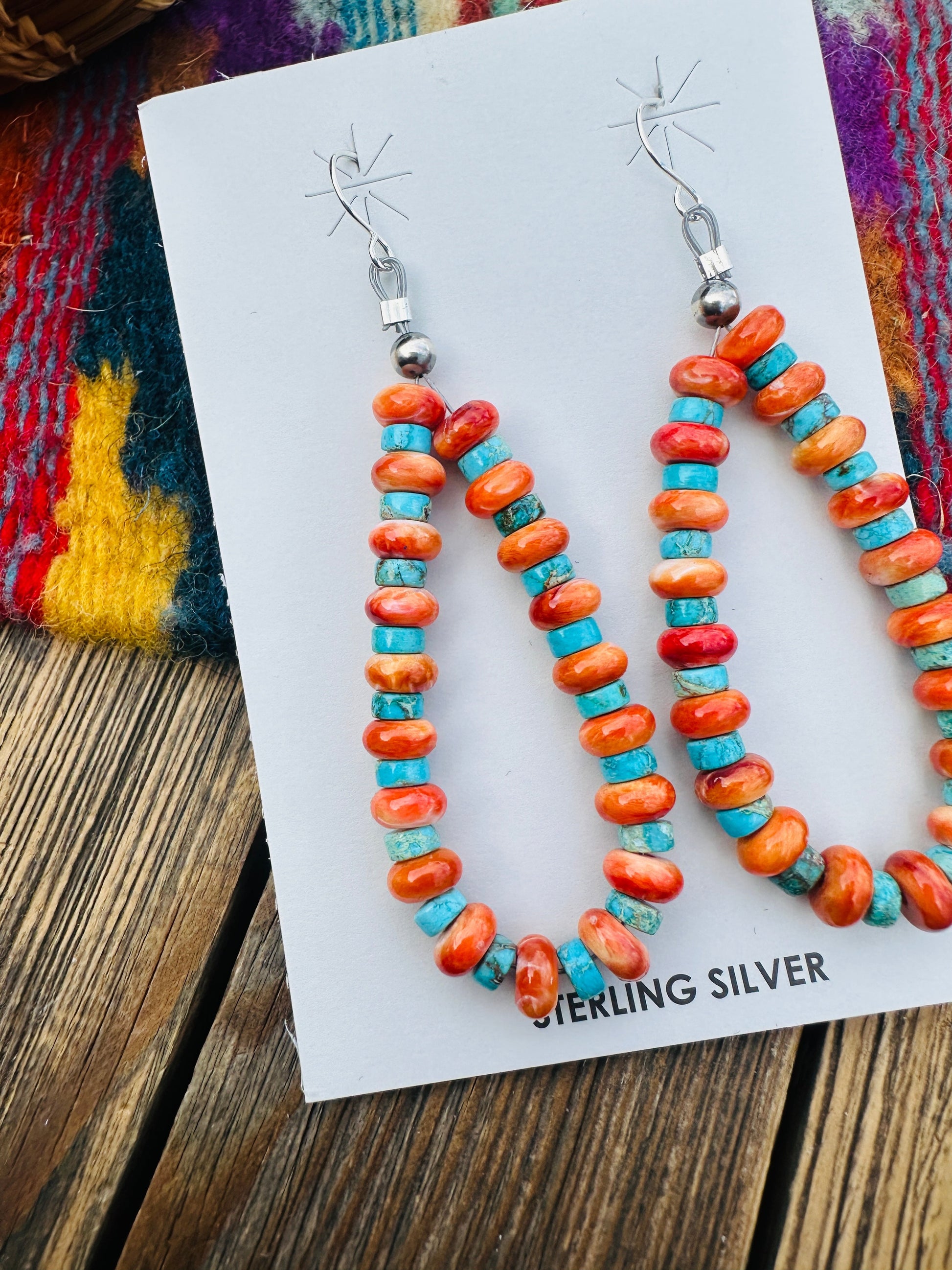 Handcrafted Orange Spiny, Turquoise & Sterling Silver Beaded Dangle Hoop Earrings Nizhoni Traders LLC