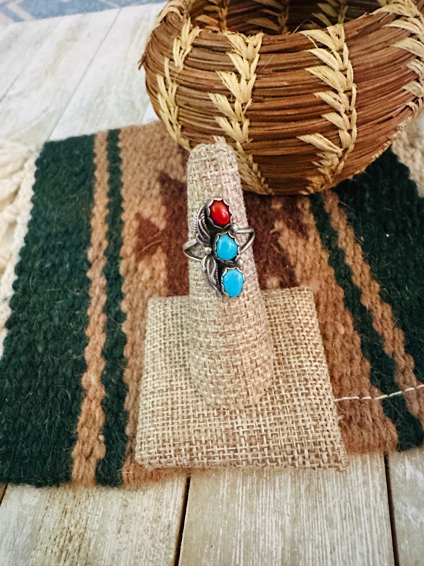 Old Pawn Handcrafted Turquoise, Coral & Sterling Silver Ring Size 5.25 Nizhoni Traders LLC