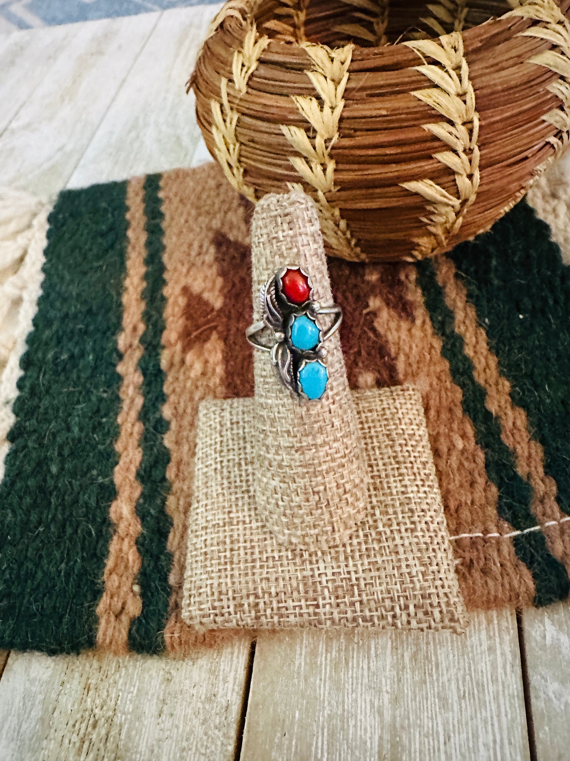 Old Pawn Handcrafted Turquoise, Coral & Sterling Silver Ring Size 5.25 Nizhoni Traders LLC