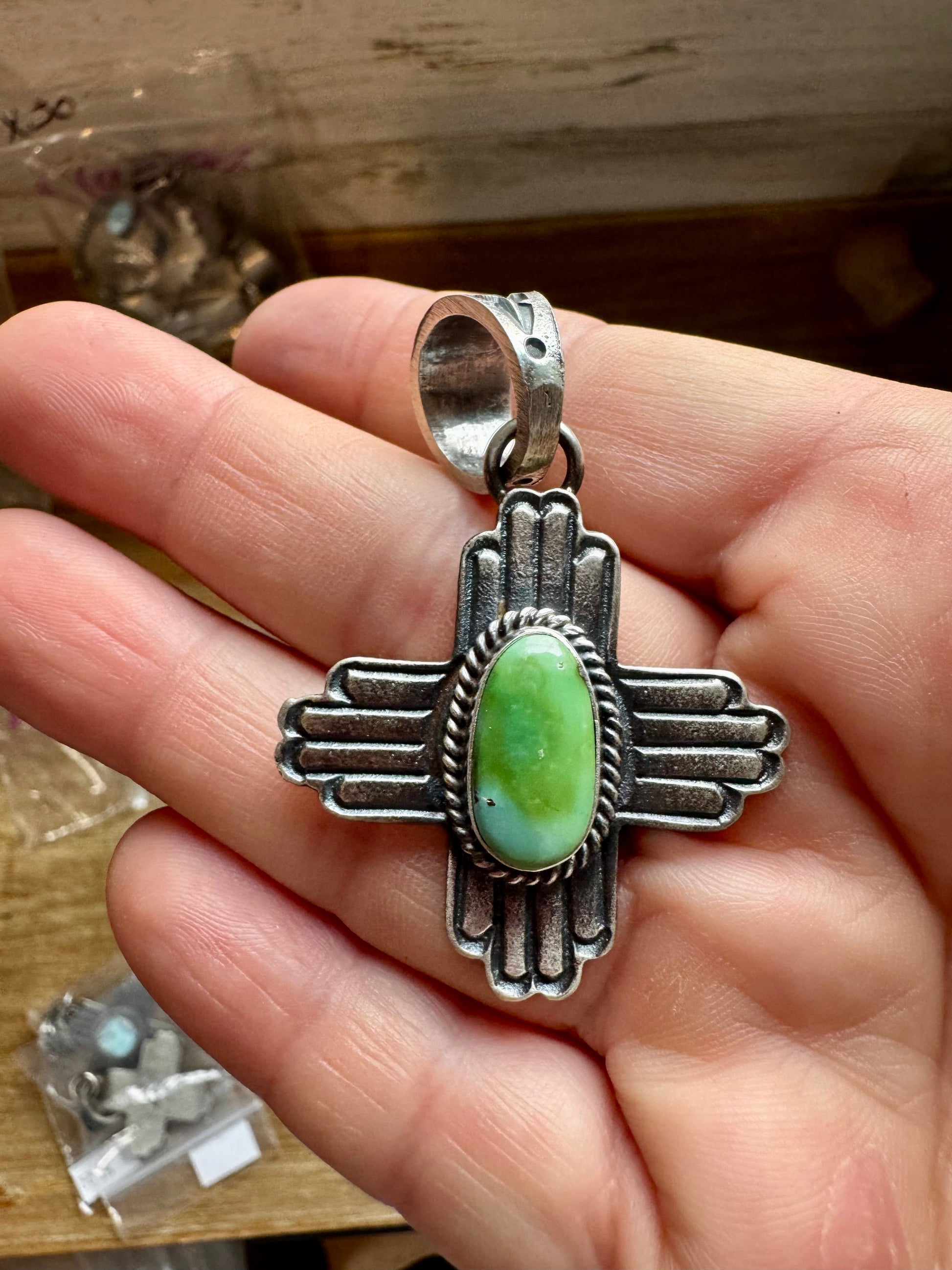 Zia Symbol Pendant with Sonoran Gold Turquoise – Sterling Silver – Native Made by K. Billah – Fits 8mm The Bijoux FAB Jewelry