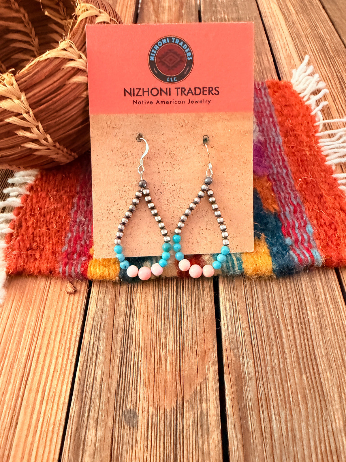 Handcrafted Pink Conch, Turquoise & Sterling Silver Pearl Beaded Dangle Hoop Earrings Nizhoni Traders LLC