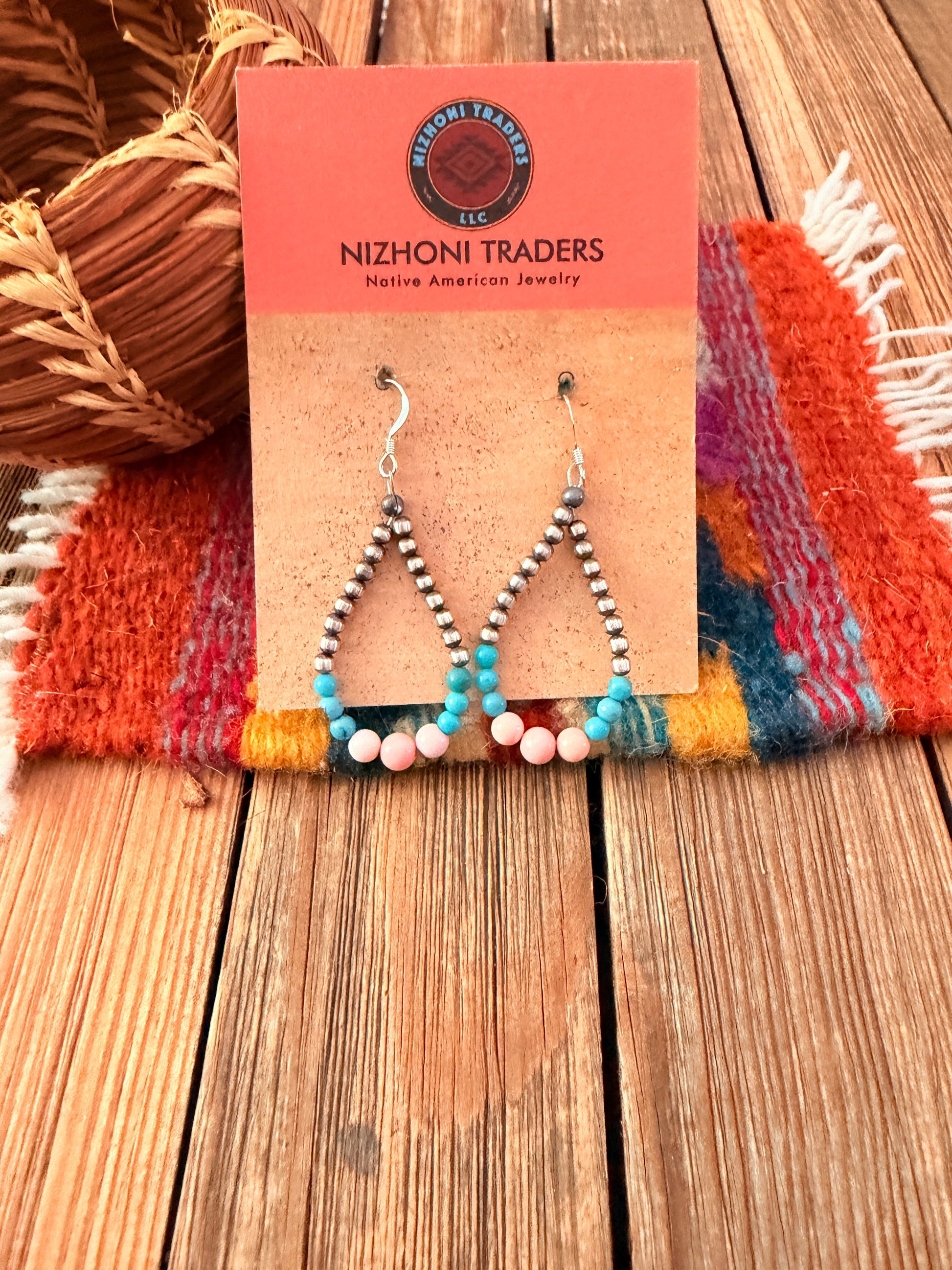 Handcrafted Pink Conch, Turquoise & Sterling Silver Pearl Beaded Dangle Hoop Earrings Nizhoni Traders LLC