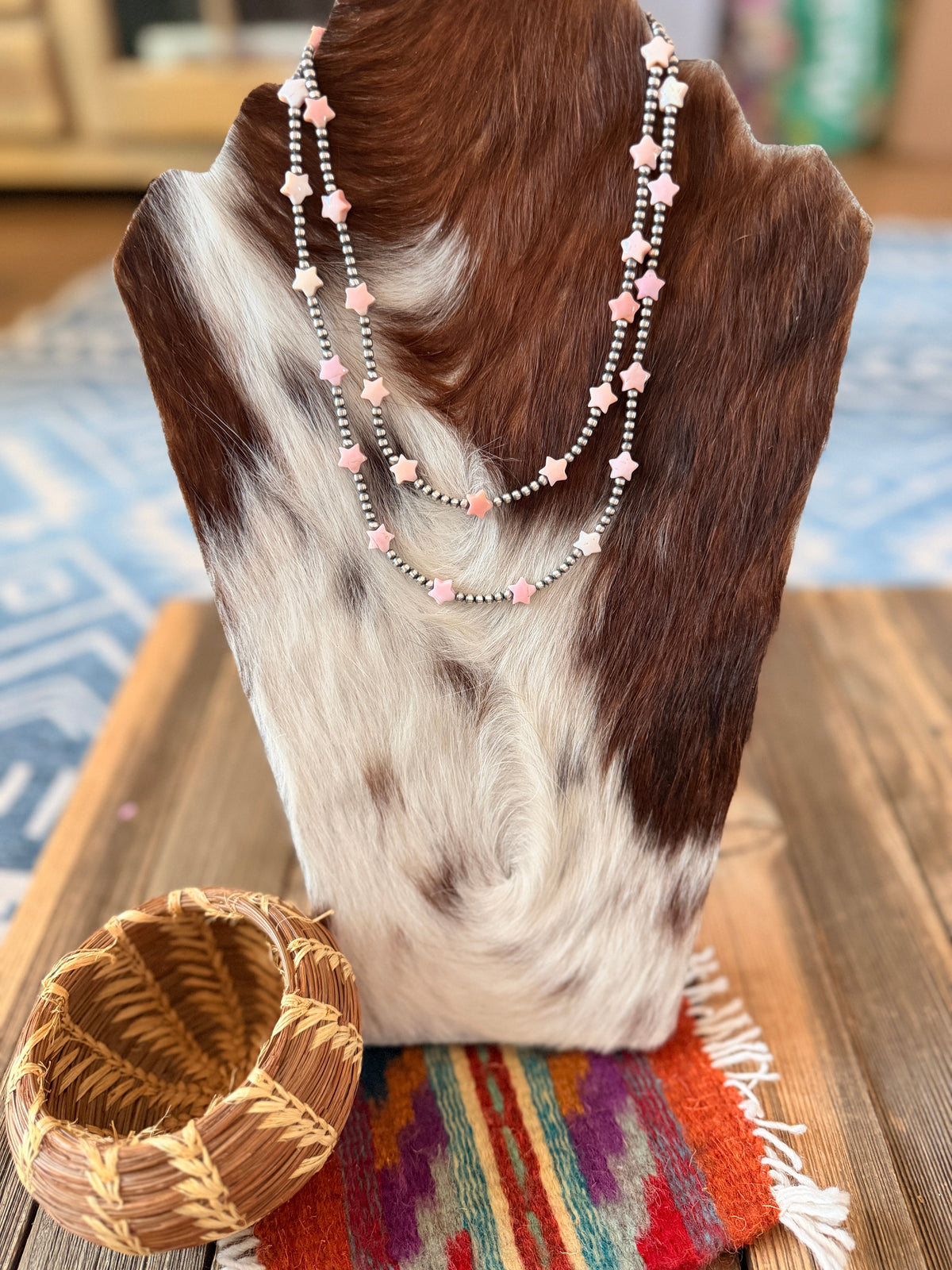 Handcrafted Queen Pink Conch and Sterling Silver Pearl Beaded Star Necklace Nizhoni Traders LLC