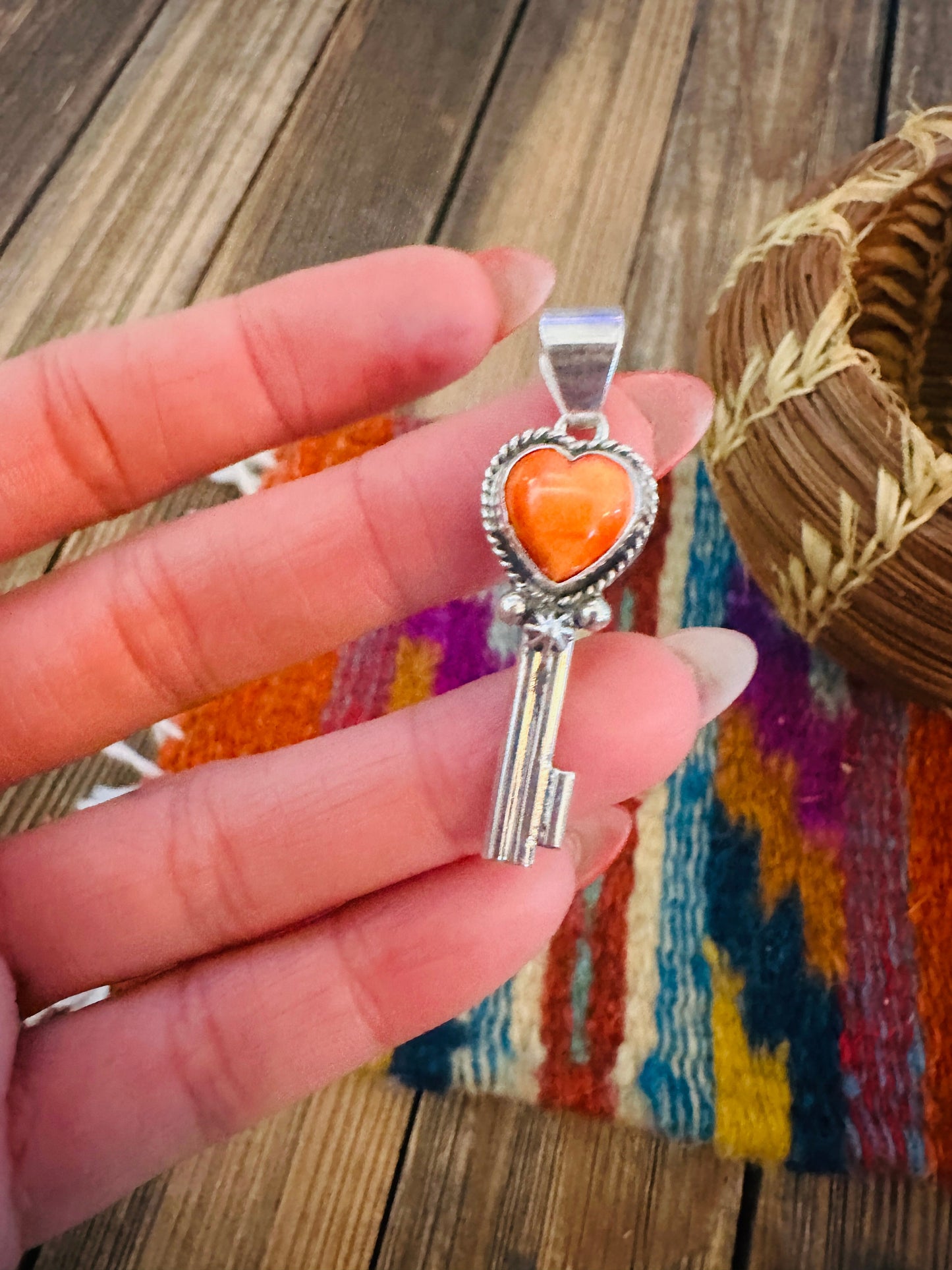 Handcrafted Spiny Oyster & Sterling Silver Heart Key Pendant Nizhoni Traders LLC