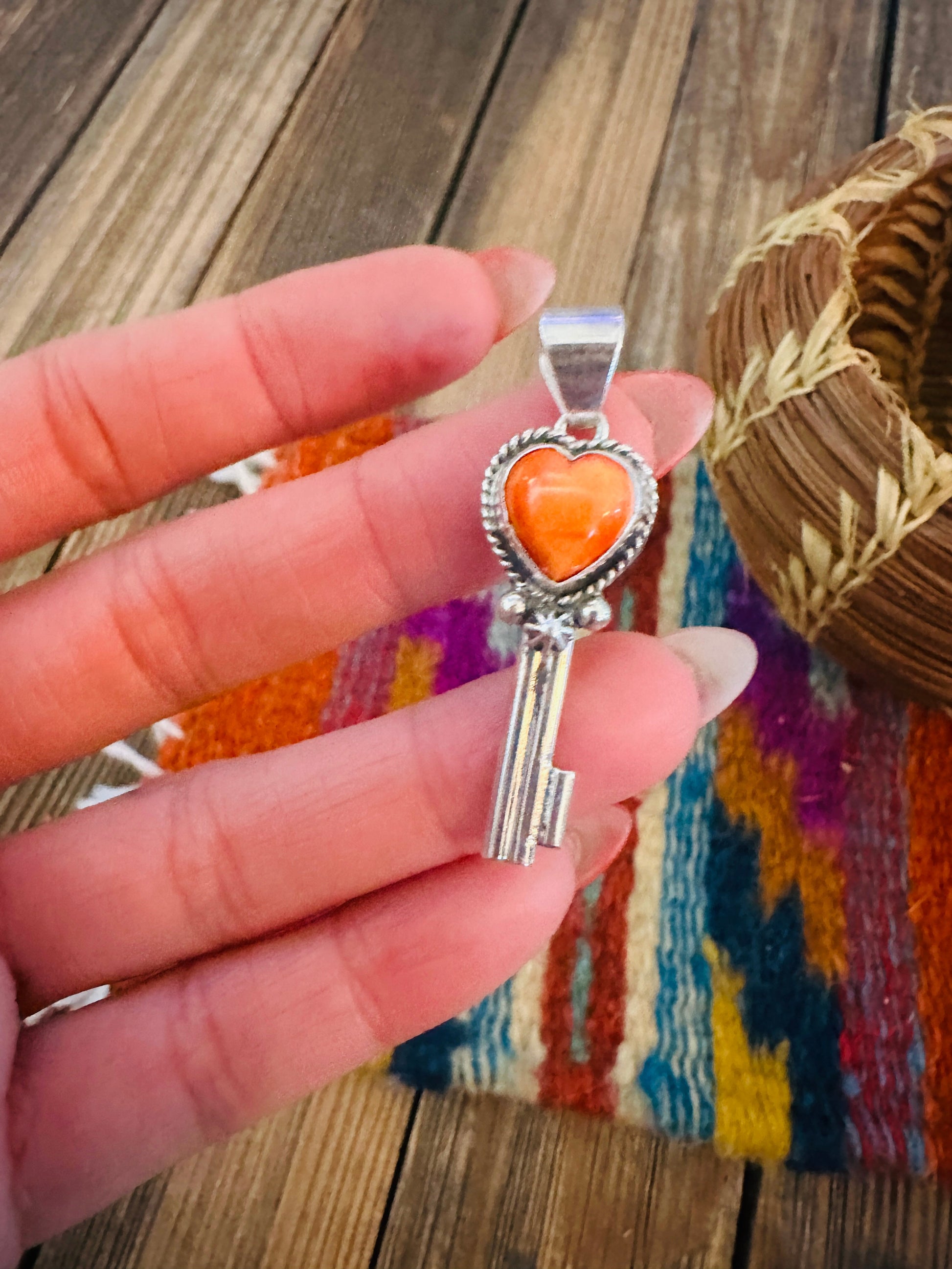 Handcrafted Spiny Oyster & Sterling Silver Heart Key Pendant Nizhoni Traders LLC
