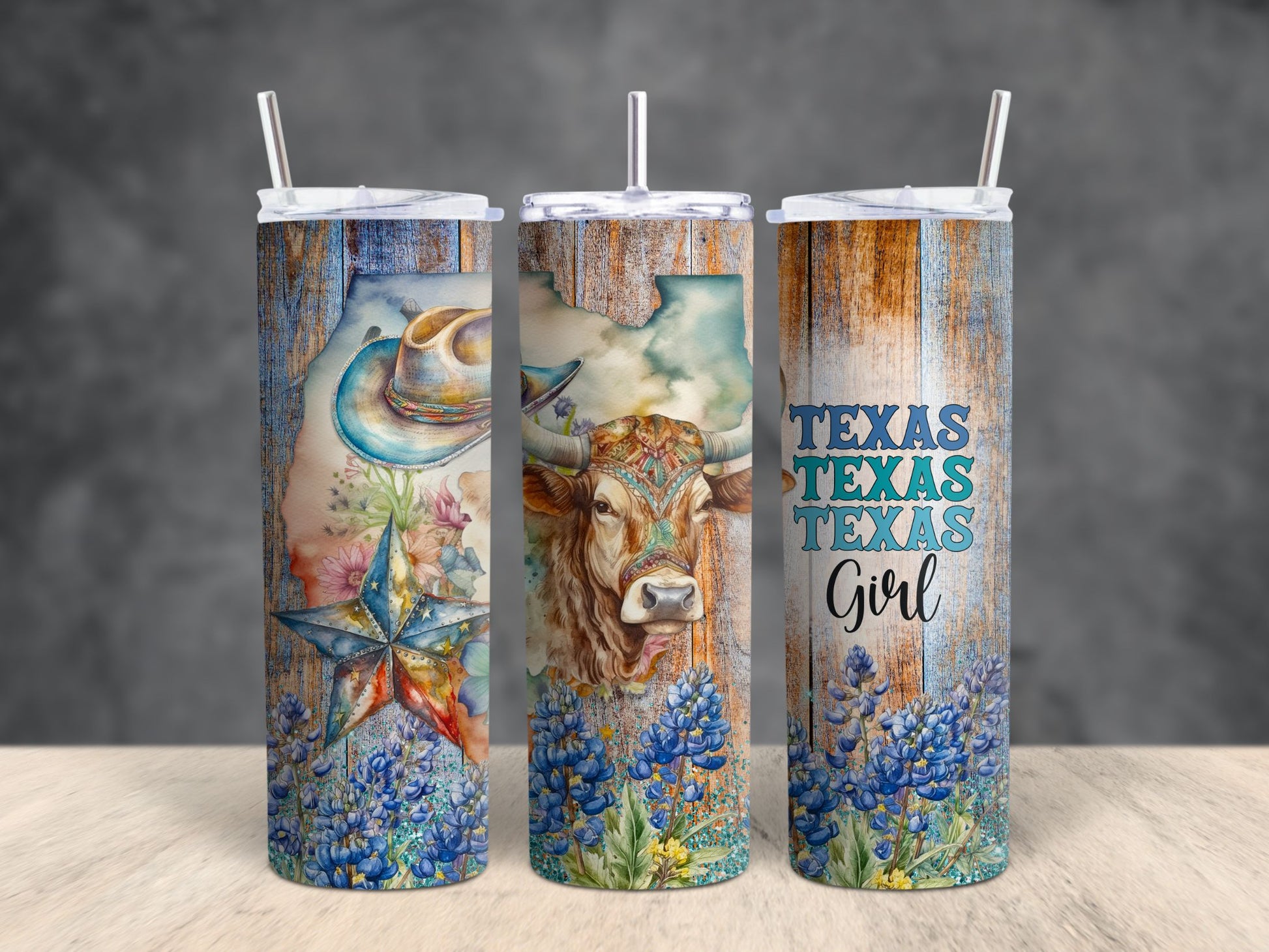 Texas Themed Longhorn and Bluebonnet 20 oz Tumbler CedarHill Country Market