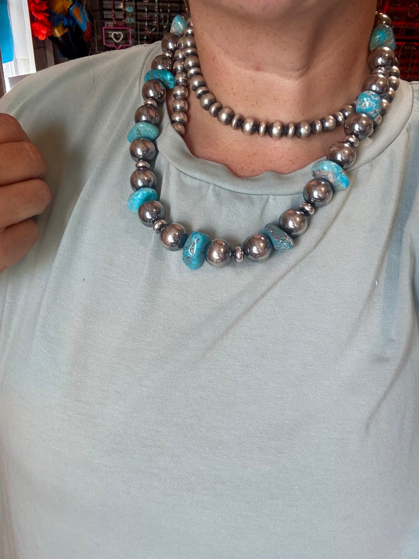 Turquoise Nugget & Sterling Silver Pearl Necklace – 21" The Bijoux FAB Jewelry