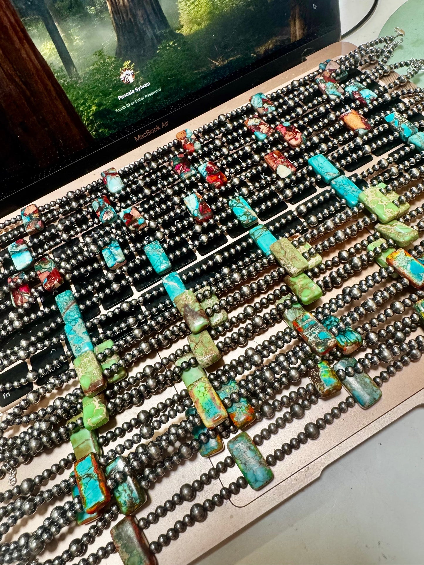 Orange/Turquoise Double Strand Necklace – 13” Beaded – Sterling Silver Pearls & Rectangle Variscite The Bijoux FAB Jewelry