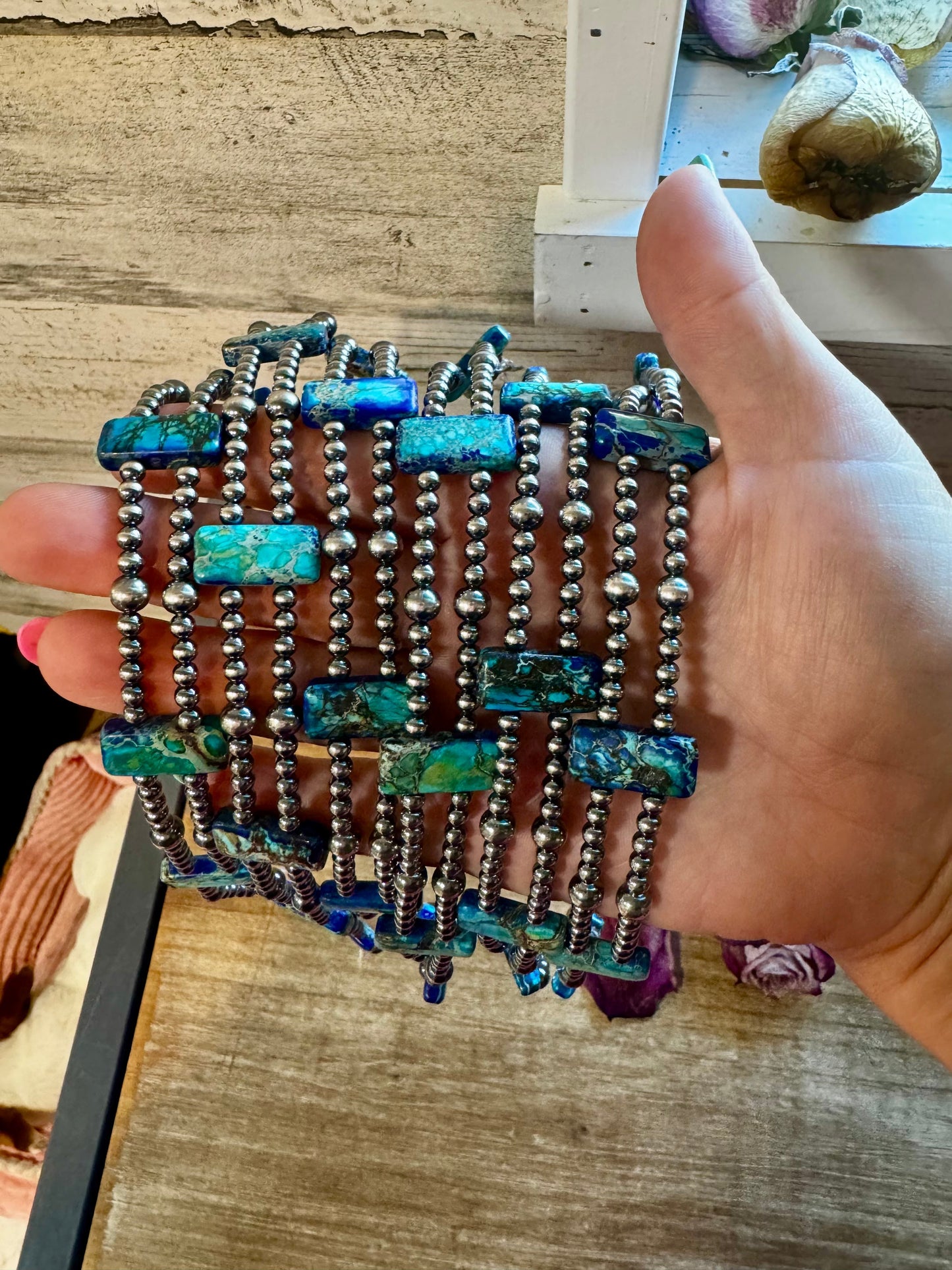 Pink/Navy Double Strand Necklace – 13” Beaded – Sterling Silver Pearls & Rectangle Variscite Turquoise The Bijoux FAB Jewelry