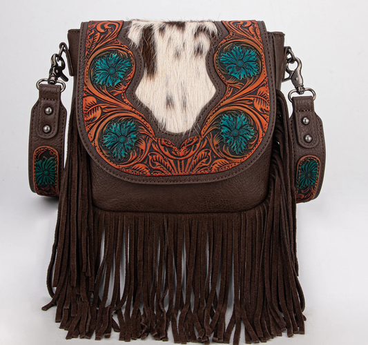 Trinity Ranch Genuine Hair-On Cowhide Tooled Fringe Crossbody Bag with Wallet No 711 Cedar Hill Country Market