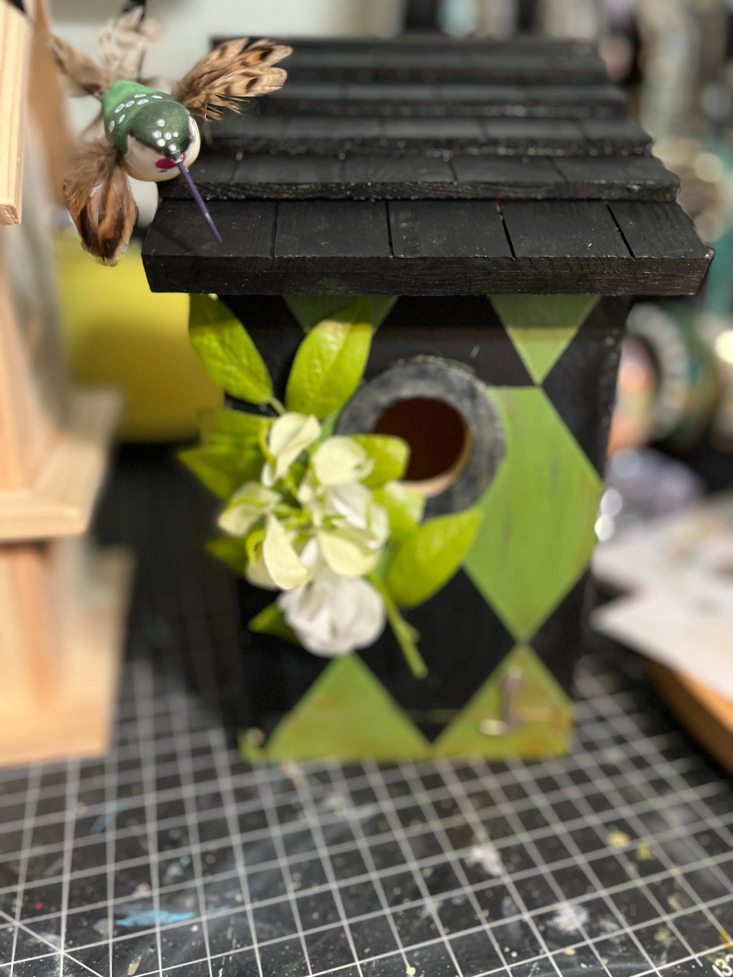 Home Decor Harlequin Pattern Green and Black Birdhouse Cedar Hill Country Market