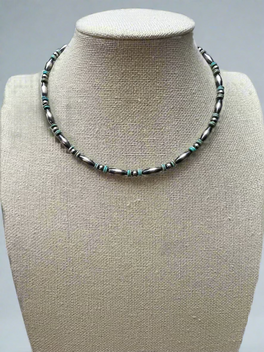 Sterling Melon & Turquoise Bead Choker - 14-inch Cowhide and Conchos