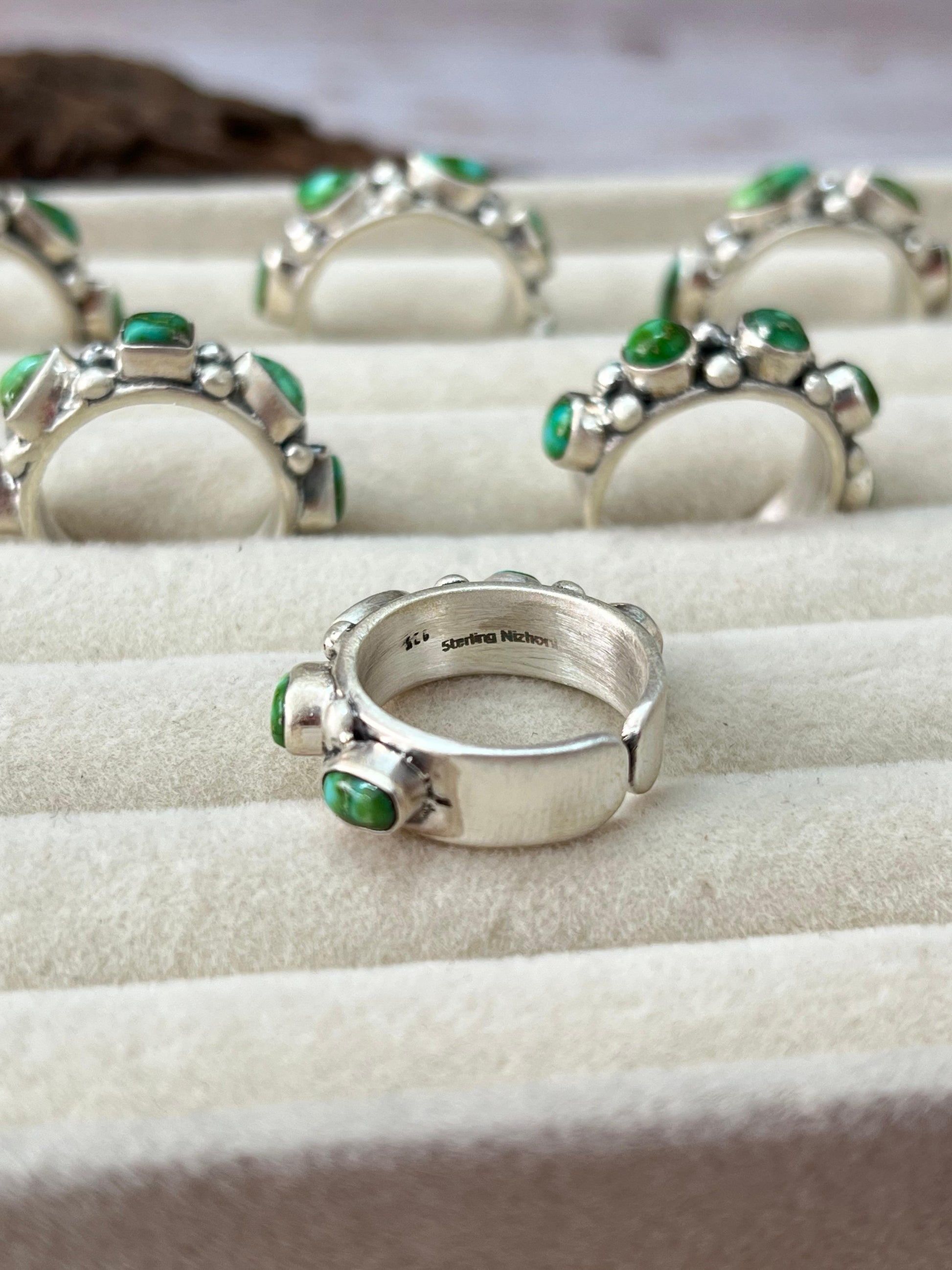 Handmade Sterling Silver Sonoran Mountain Turquoise Adjustable Rings with Signed Nizhoni Nizhoni Traders LLC