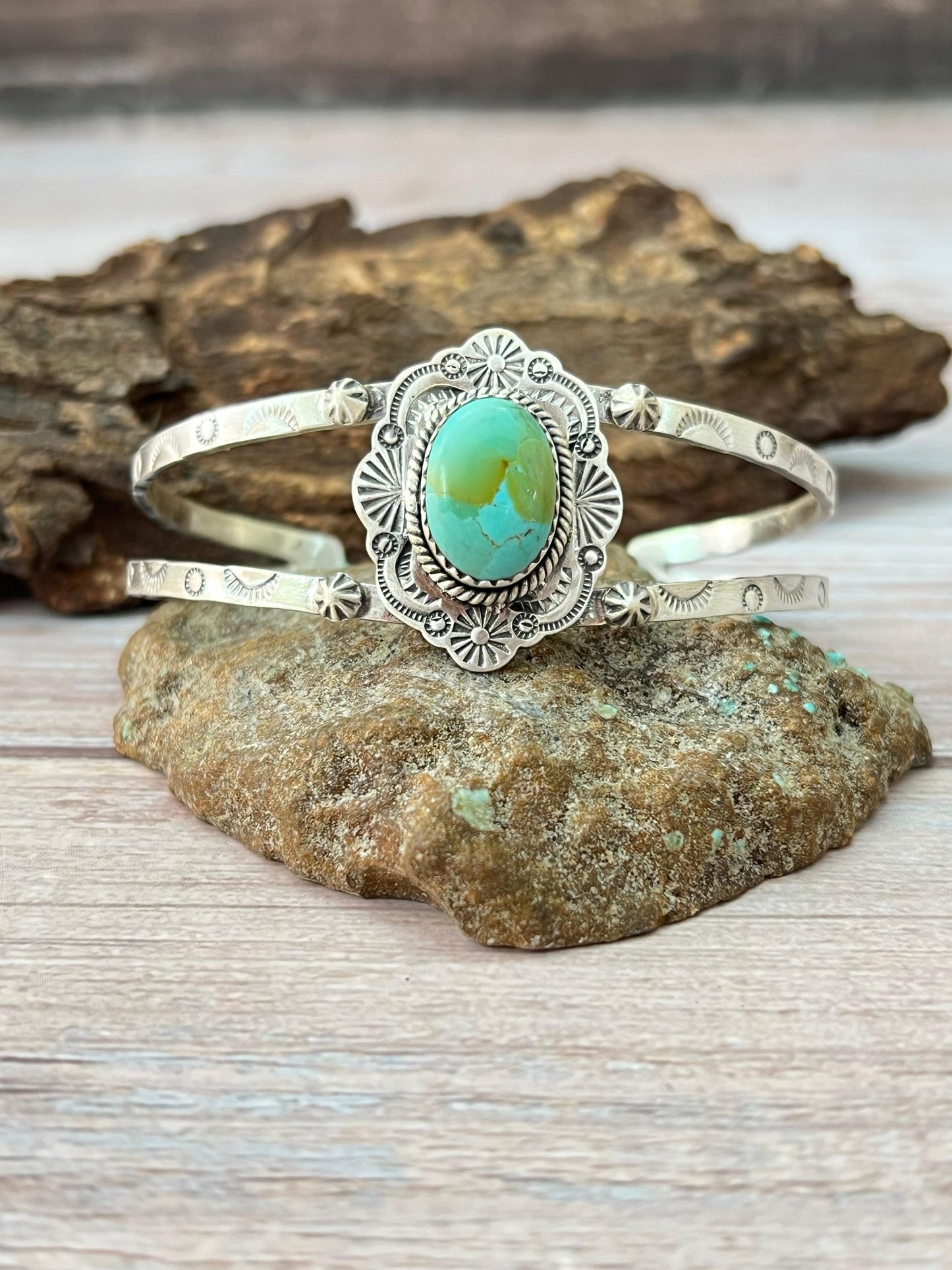 Handmade Sterling Silver Kingman Turquoise Bracelet with Signed Nizhoni Nizhoni Traders LLC