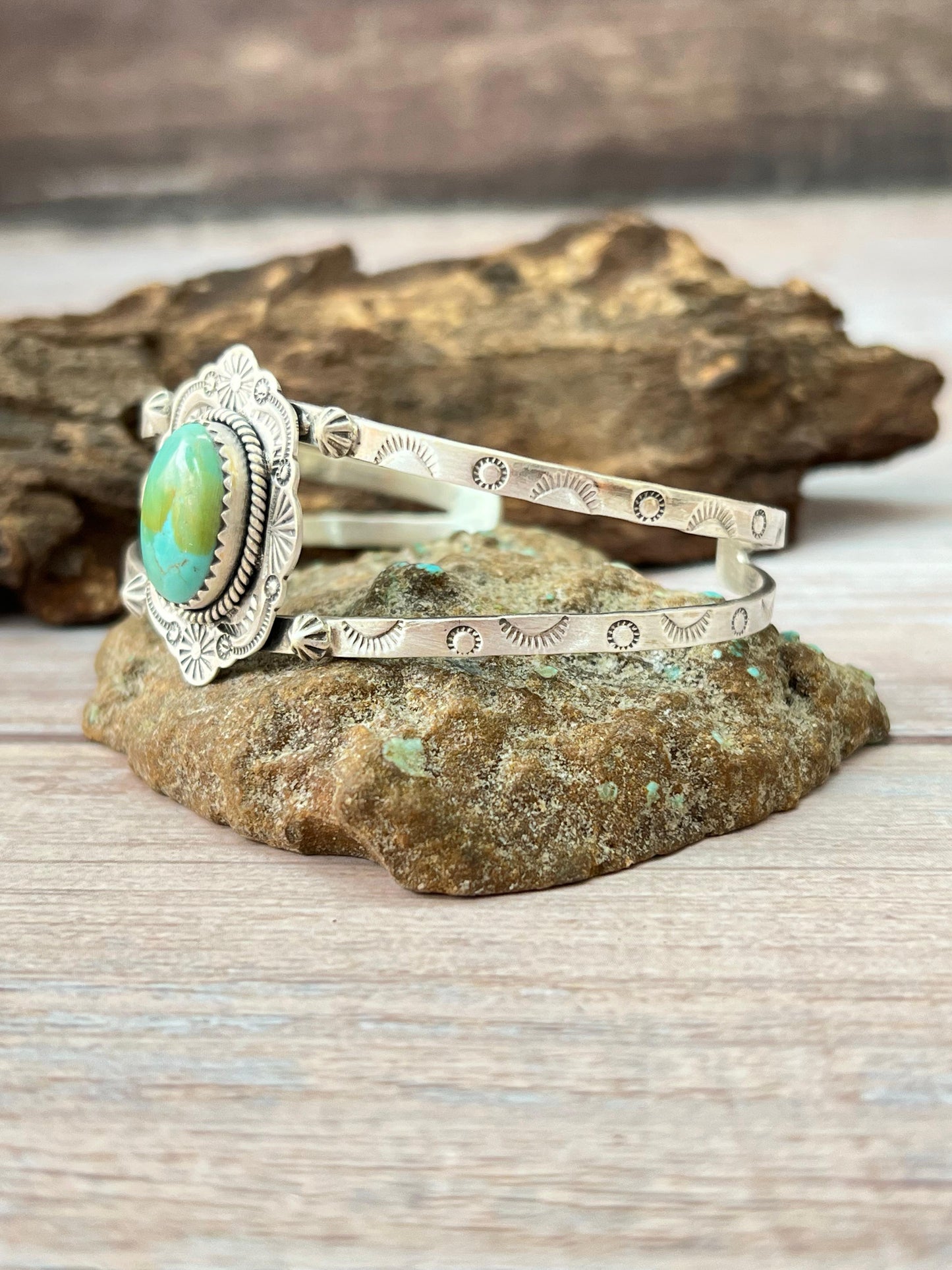 Handmade Sterling Silver Kingman Turquoise Bracelet with Signed Nizhoni Nizhoni Traders LLC