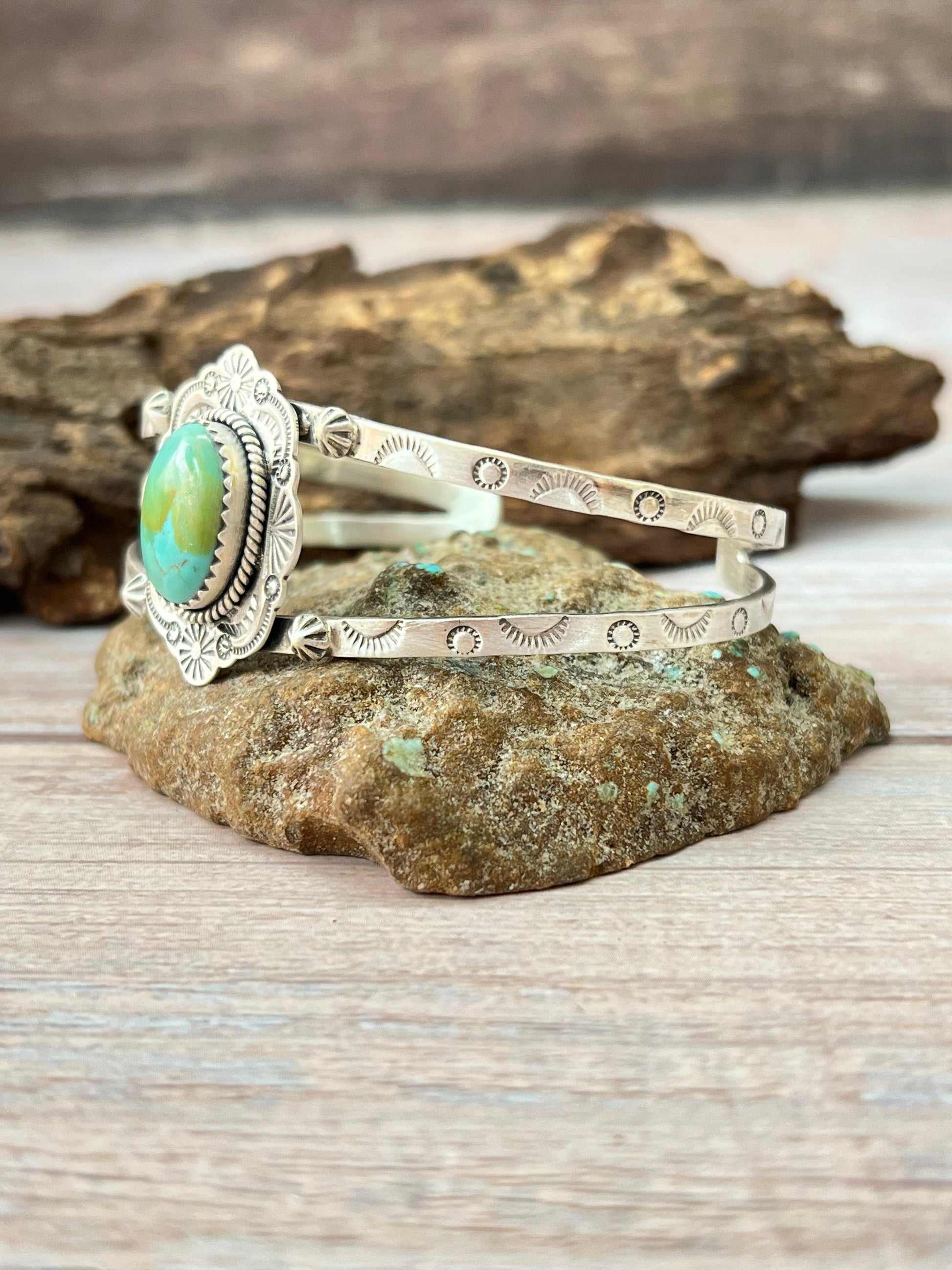 Handmade Sterling Silver Kingman Turquoise Bracelet with Signed Nizhoni Nizhoni Traders LLC