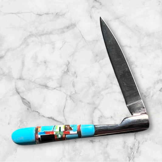 Southwestern Native Style Turquoise Multi Inlay Pocket Knife Single Blade (188bc10) 6019 CedarHill Country Market