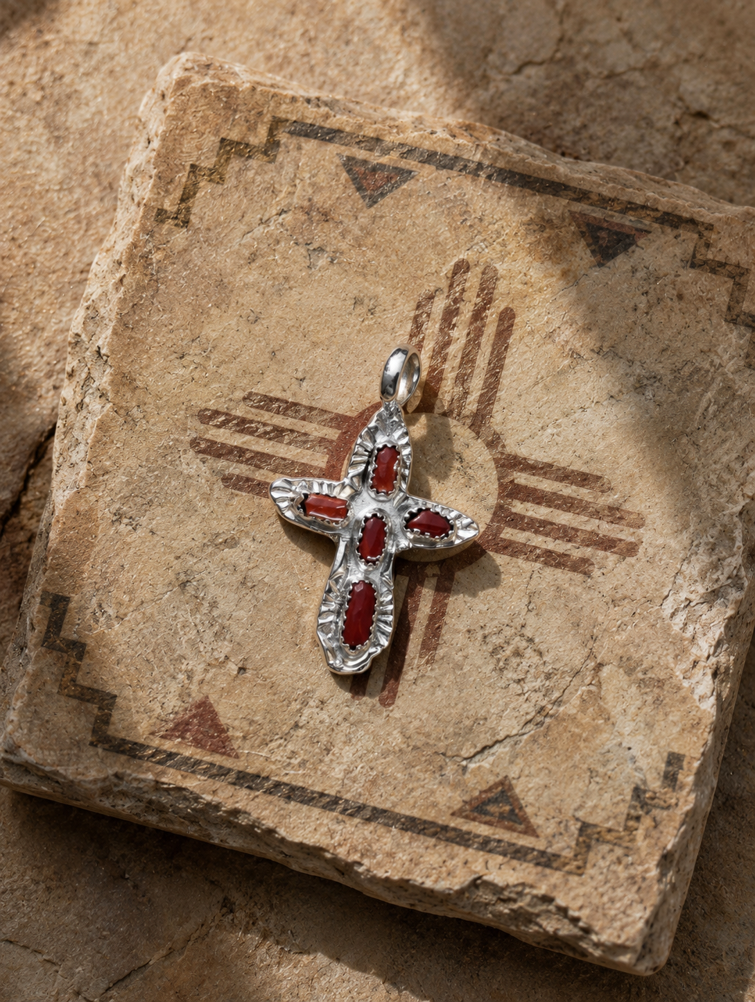 Handcrafted Red Coral Sterling Silver Cross Pendant Nizhoni Traders LLC
