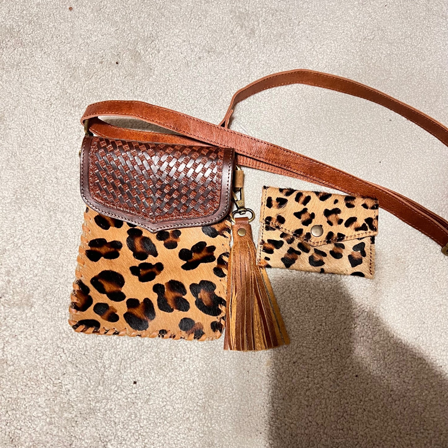 Cowhide and Tooled Leather Leopard Crossbody with Key Chain Wallet