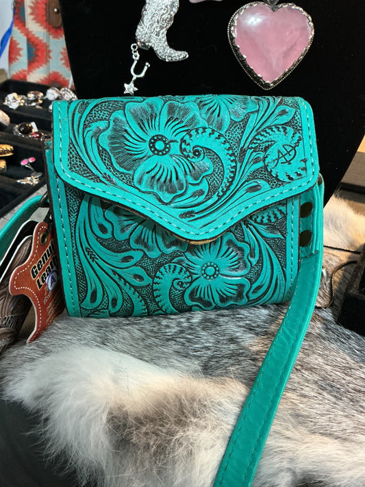Hand Tooled Leather Wallet Bag - Western Floral Mini Satchel Cedar Hill Country Market