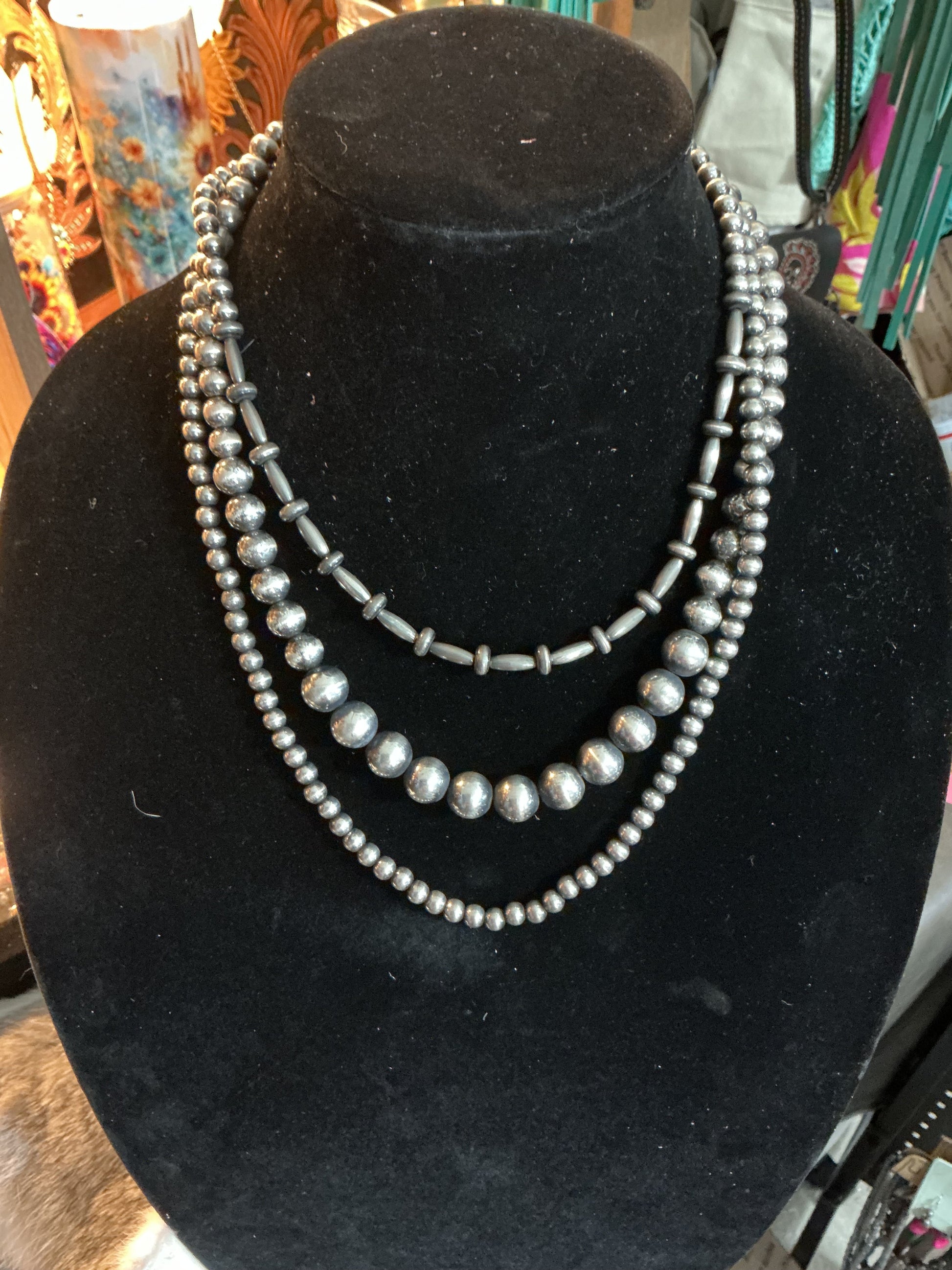Silver Navajo Inspired Three Strand Necklace 1638 CedarHill Country Market