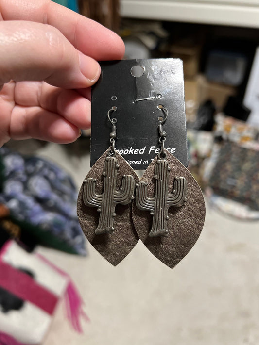 Cactus Bronze and Leather Dangle Earrings Cedar Hill Country Market