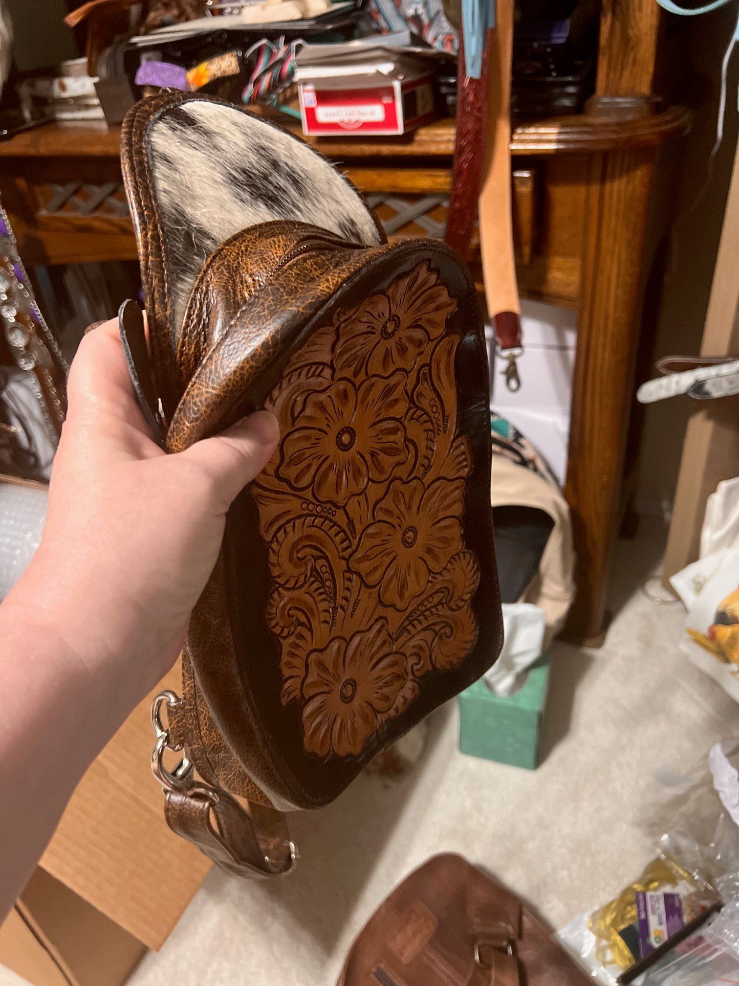 Western Leather Hair on Hide Tan Sling Bag Cedar Hill Country Market