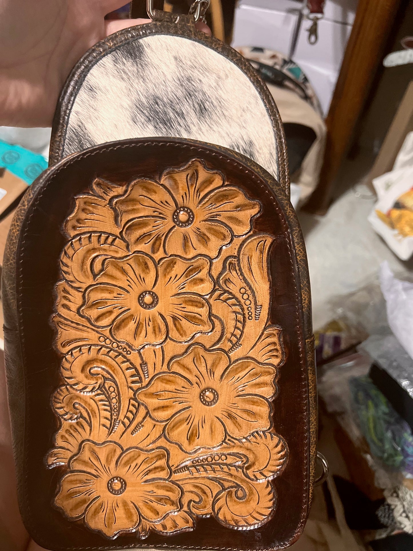 Western Leather Hair on Hide Tan Sling Bag Cedar Hill Country Market