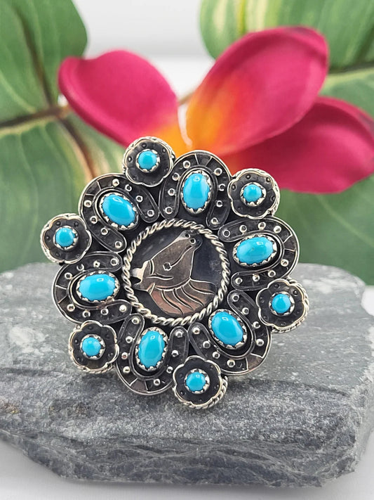 Sterling Silver Turquoise Horse Cluster Ring - Size 8 No. 130 Cedar Hill Country Market