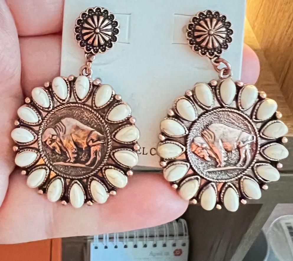 White Concho Buffalo & Copper Earrings Cedar Hill Country Market