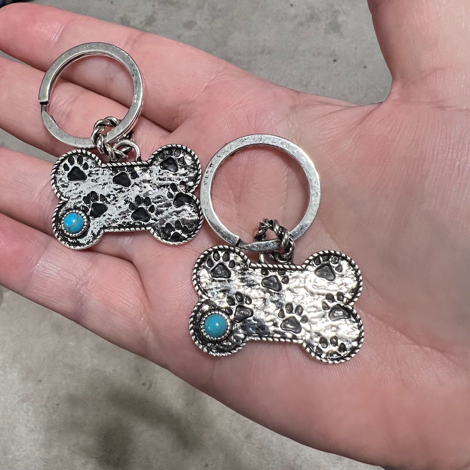 Silver Dog Bone Keychain/Charms with Fashion Turquoise Gem No 650 Cedar Hill Country Market