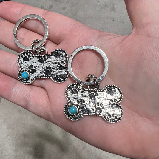 Silver Dog Bone Keychain/Charms with Fashion Turquoise Gem No 650 Cedar Hill Country Market