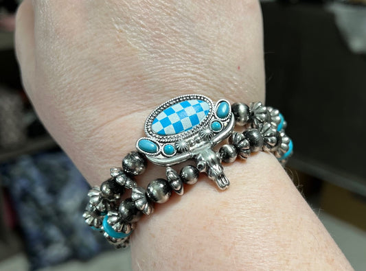 Bull Stretch Turquoise Checkered Silver Pearl Bracelet No 801 Cedar Hill Country Market