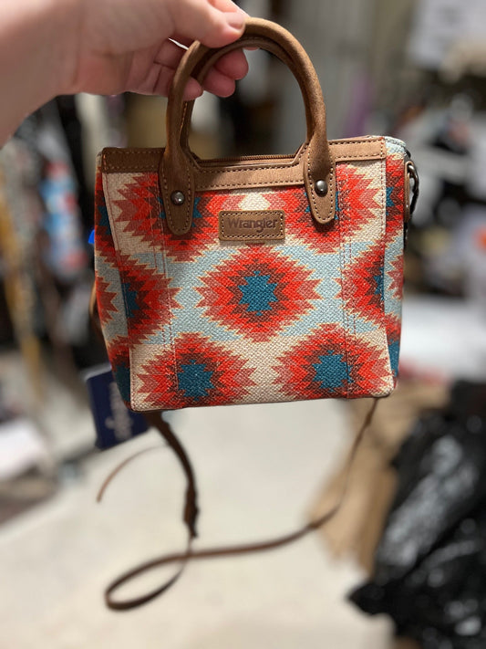 Wrangler Aztec Distressed Print Dual Sided Print Mini Tote/Crossbody -Red No. 926 Cedar Hill Country Market