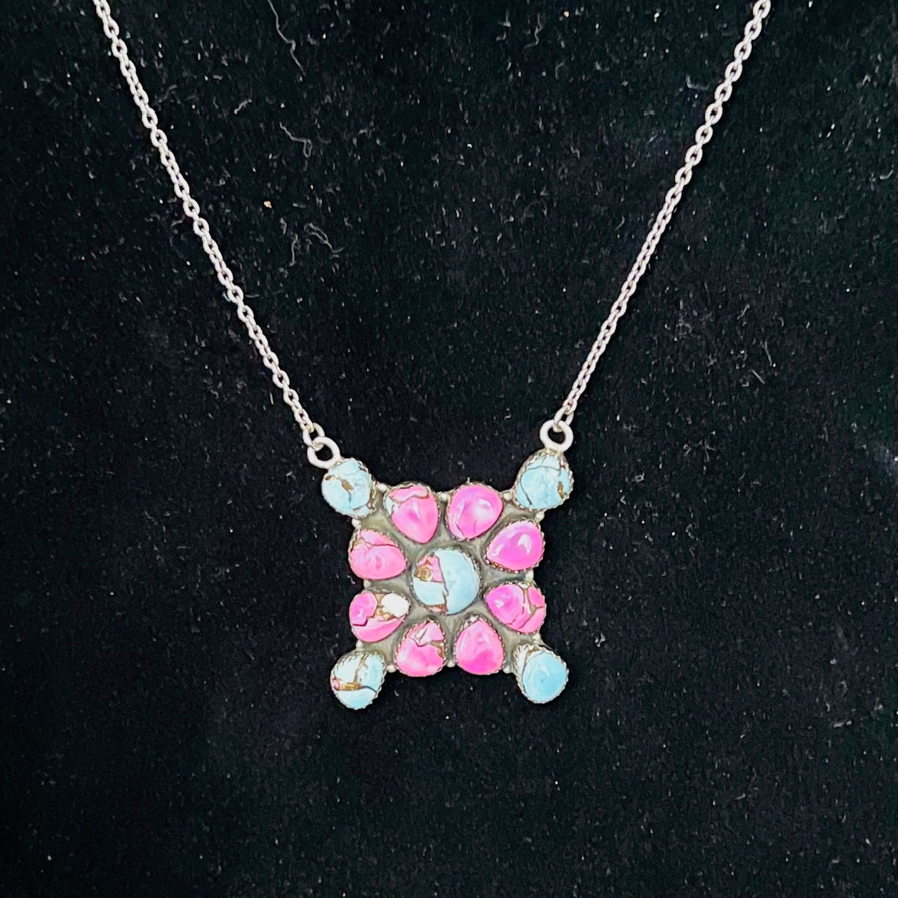 Southwest Handmade Multi Stone & Sterling Silver Cluster Necklace No. 701 Cedar Hill Country Market