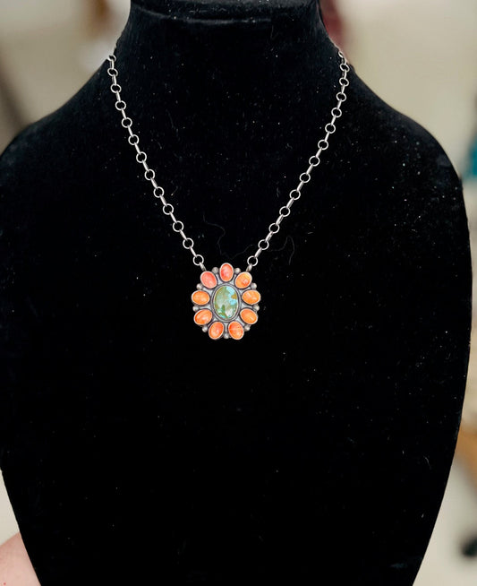 Spiny Oyster and Royston Turquoise Flower Sterling Silver Pendant Necklace No. 719 Cedar Hill Country Market