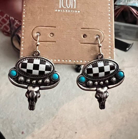 Black Checkered Bull Earrings No. 456 Cedar Hill Country Market