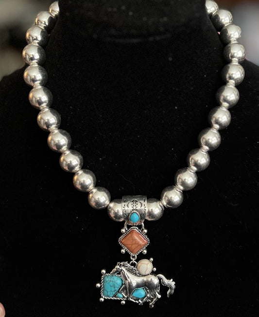 Fashion Silver Turquoise and Spiny Inspired Horse Statement Necklace No 453 Cedar Hill Country Market