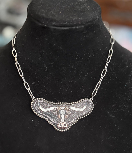 Faux Leather Longhorn Paper Clip Chain Pendant Necklace No. 452 Cedar Hill Country Market