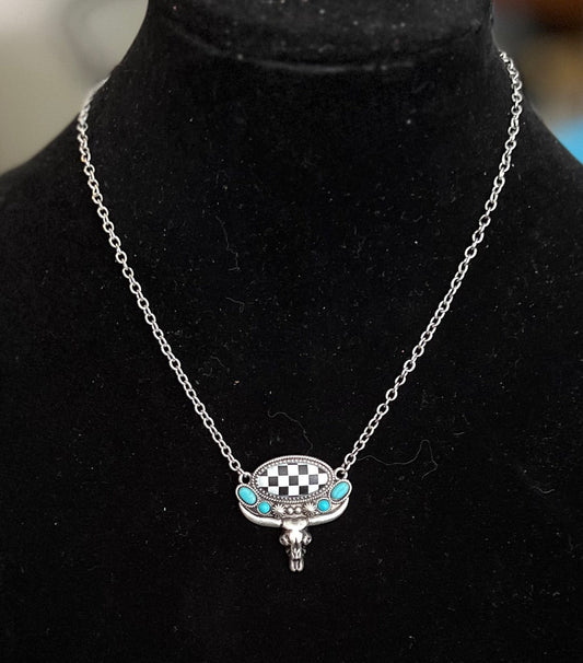 Black and White Fashion Bull Turquoise Check Pendant No. 451 Cedar Hill Country Market