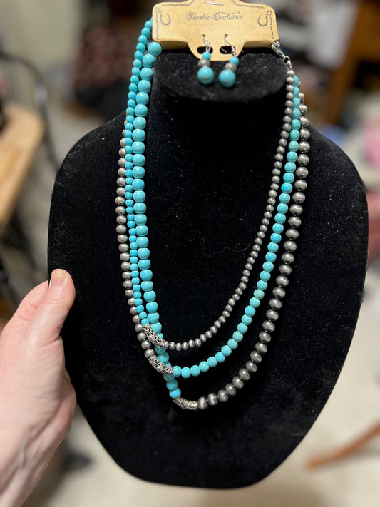 Fashion Turquoise and Silver Rustic Three Strand Pearls with Earrings Cedar Hill Country Market