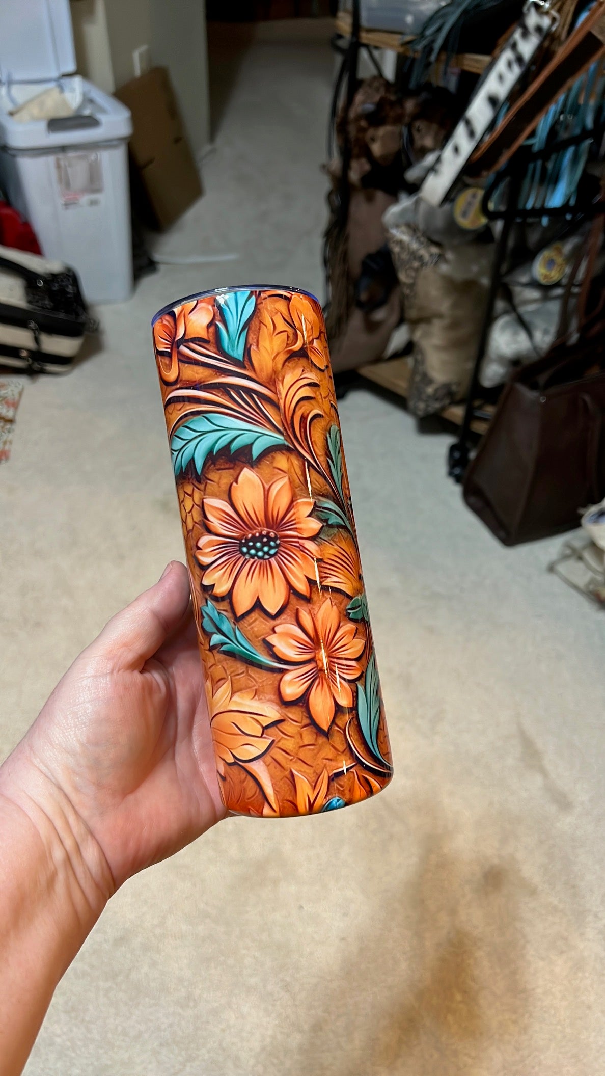 Tooled Leather Sunflowers 20 oz Insulated Skinny Tumbler Cedar Hill Country Market