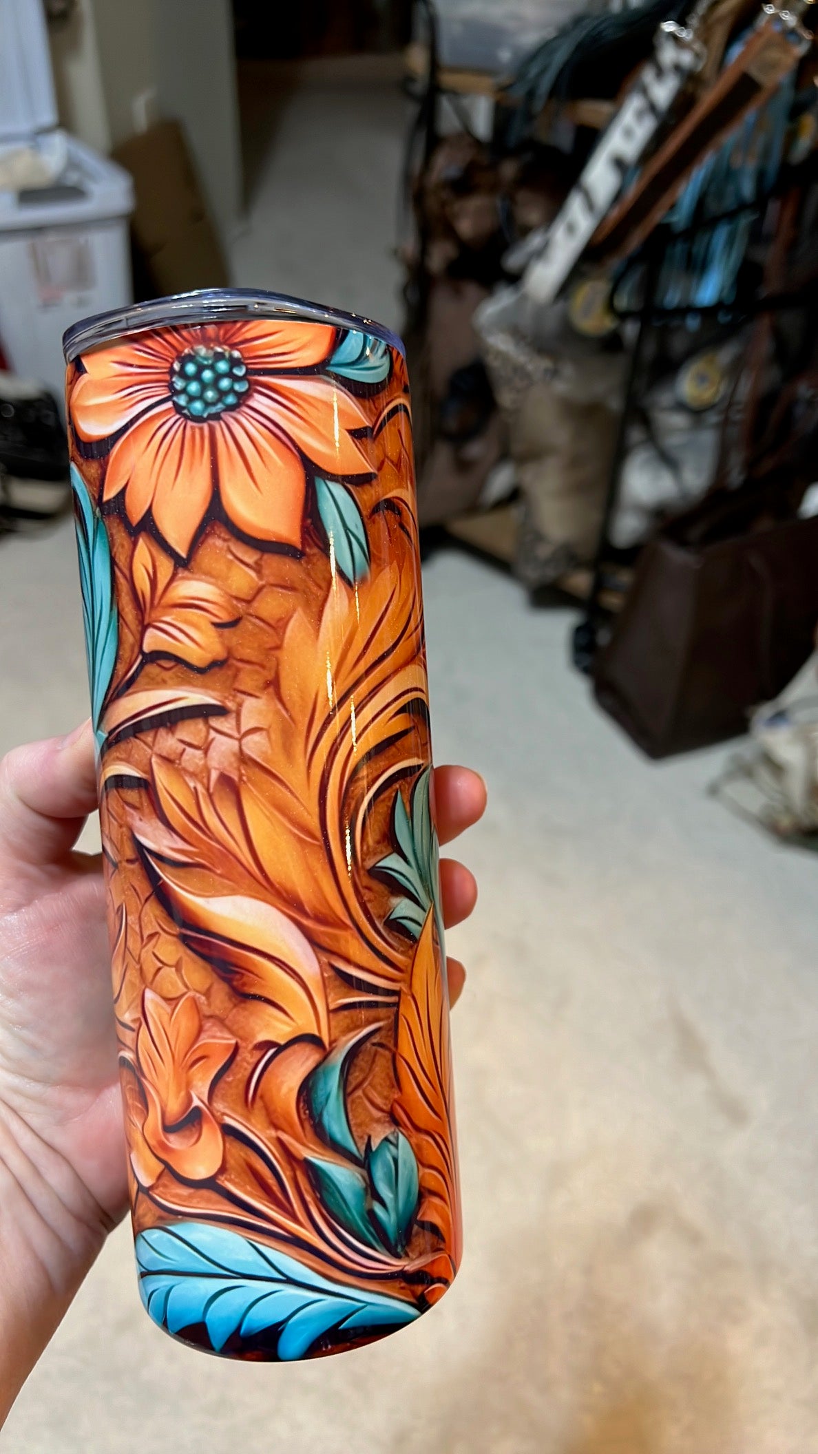 Tooled Leather Sunflowers 20 oz Insulated Skinny Tumbler Cedar Hill Country Market