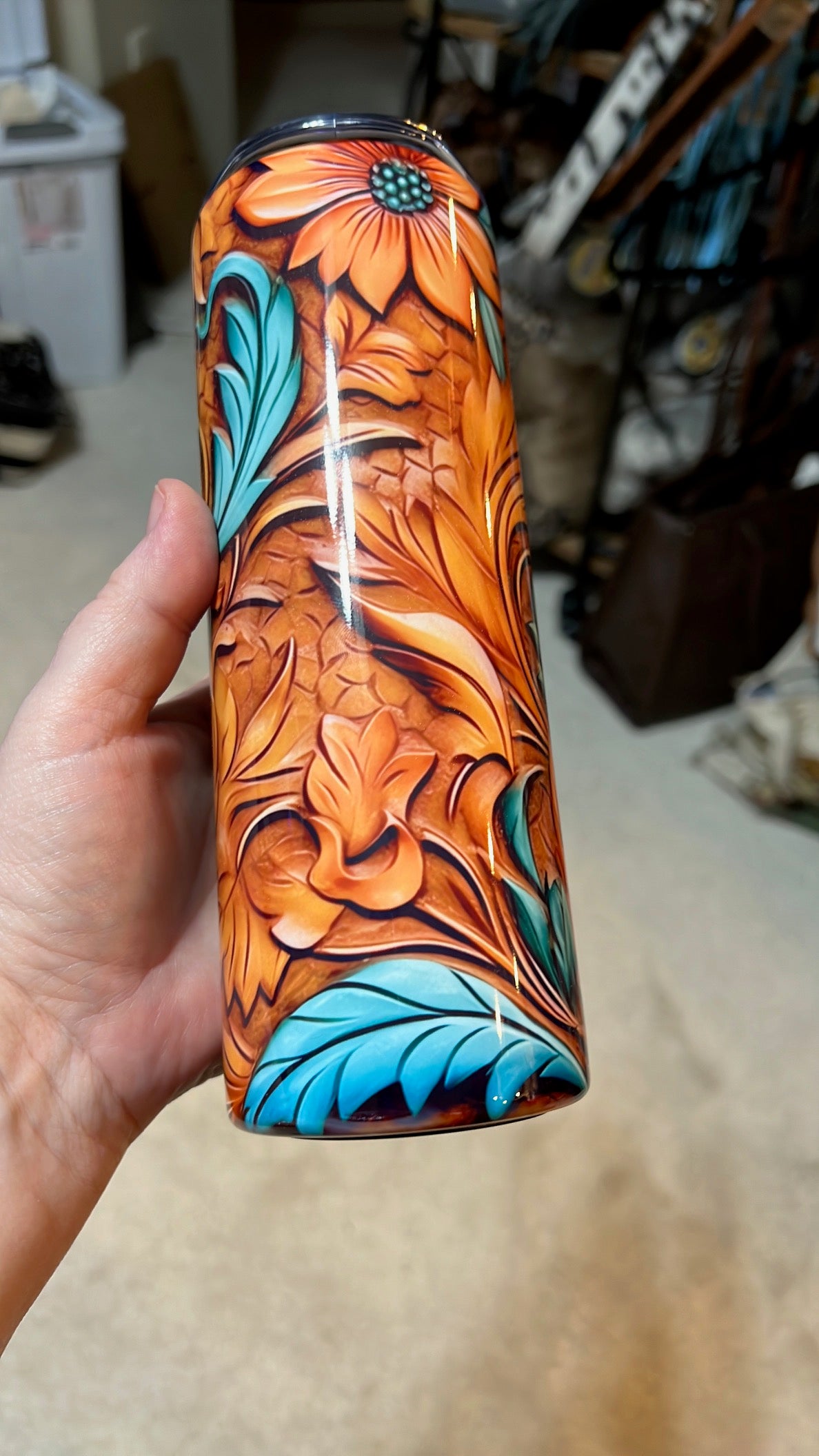 Tooled Leather Sunflowers 20 oz Insulated Skinny Tumbler Cedar Hill Country Market