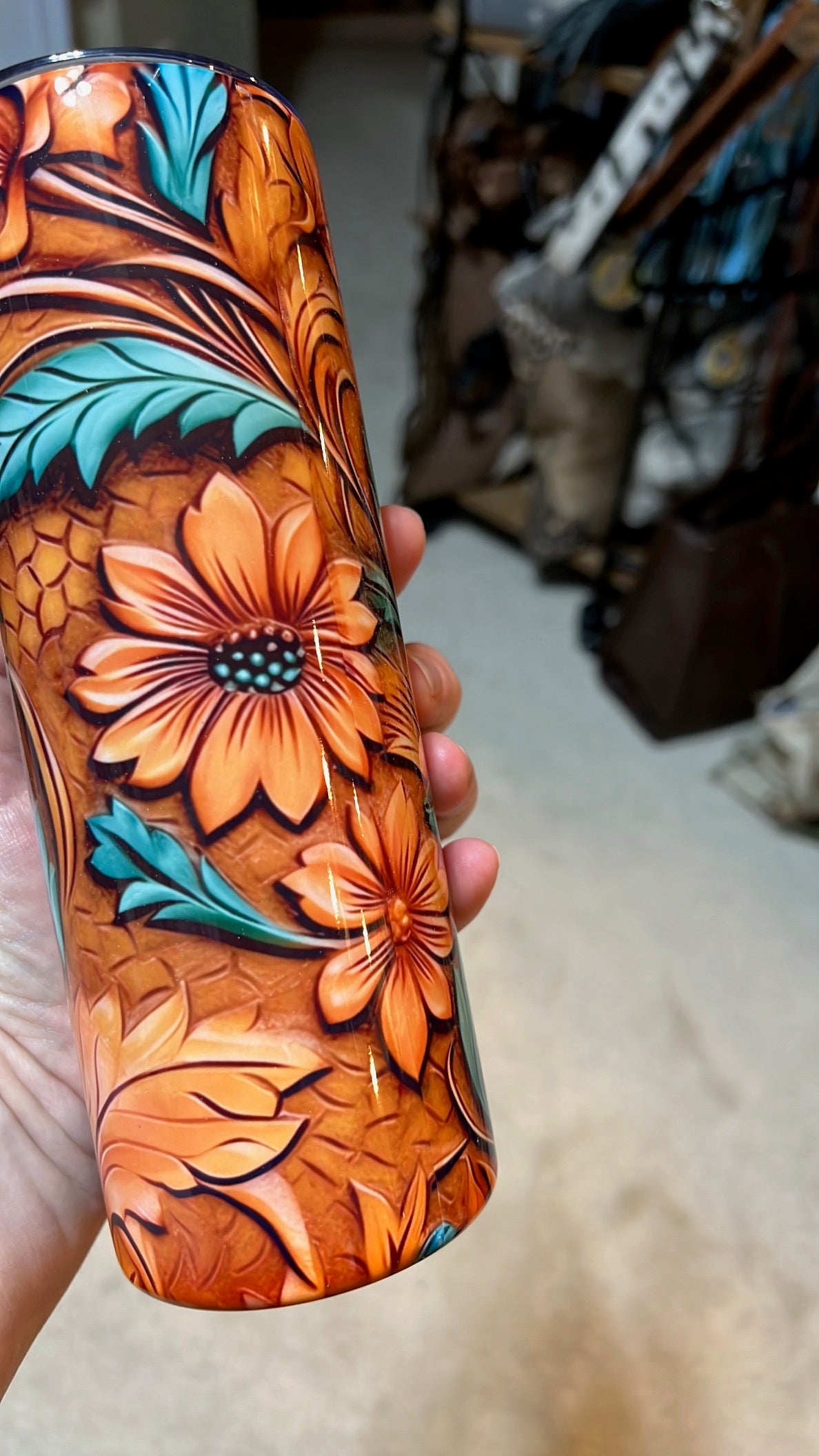 Tooled Leather Sunflowers 20 oz Insulated Skinny Tumbler Cedar Hill Country Market