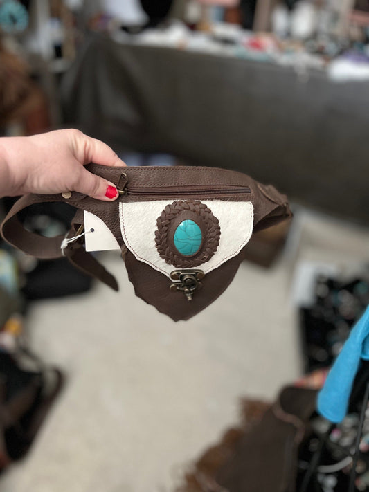Suede and Cowhide Fanny Pack with Faux Turquoise Concho Cedar Hill Country Market